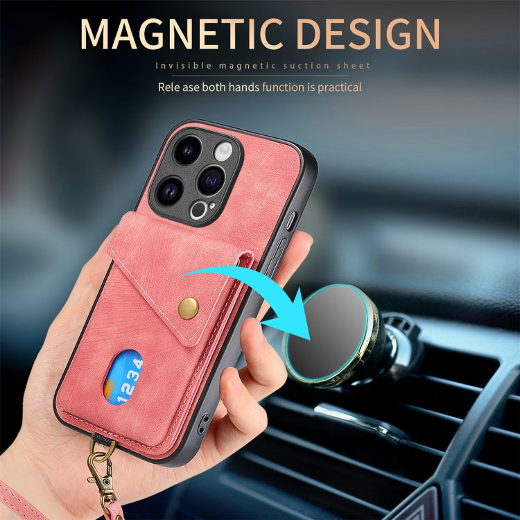 For iPhone 15 Pro Retro Card Wallet Fold Leather Phone Case with Strap(Pink) - HoMEdemic™ 