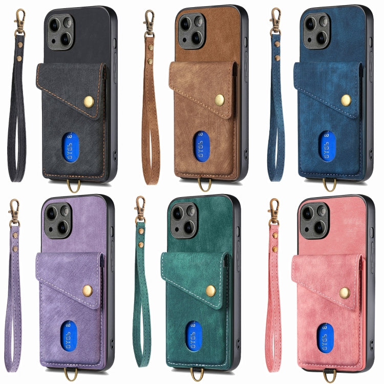 For iPhone 15 Pro Retro Card Wallet Fold Leather Phone Case with Strap(Pink) - HoMEdemic™ 