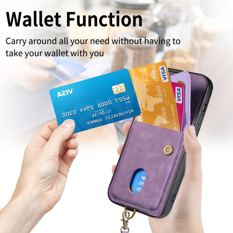 For iPhone 15 Pro Retro Card Wallet Fold Leather Phone Case with Strap(Purple) - HoMEdemic™ 