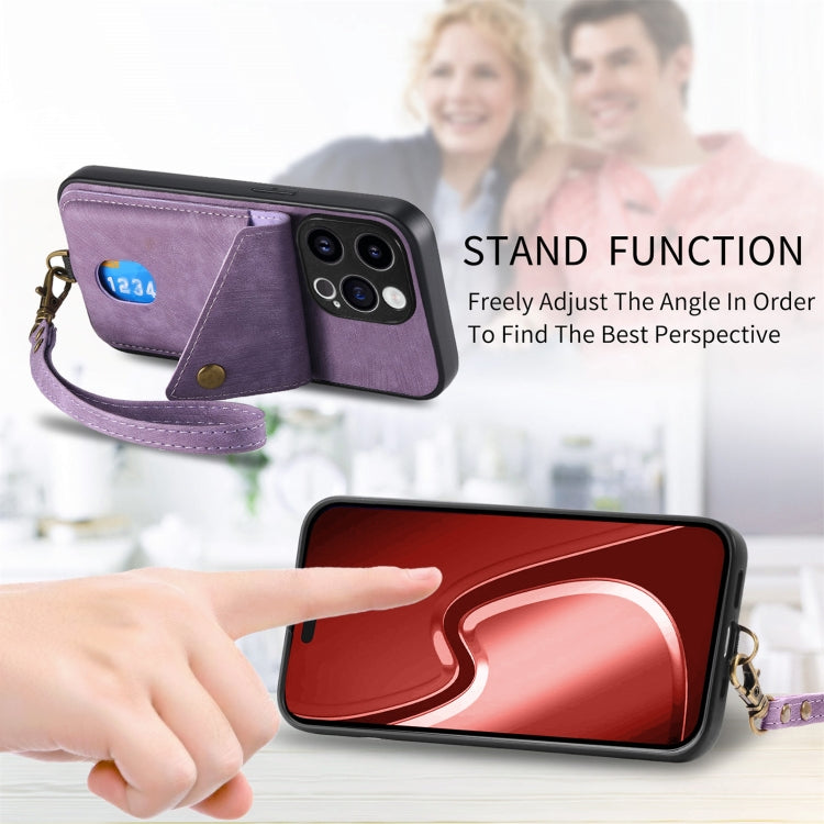 For iPhone 15 Pro Retro Card Wallet Fold Leather Phone Case with Strap(Purple) - HoMEdemic™ 