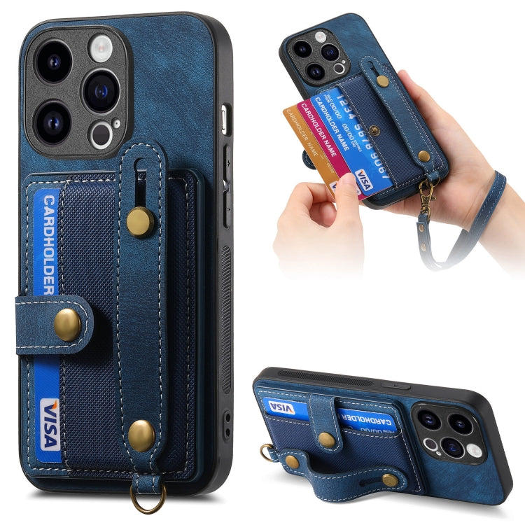 For iPhone 15 Pro Retro Cross Wristband Wallet Leather Back Phone Case(Blue) - HoMEdemic™ 