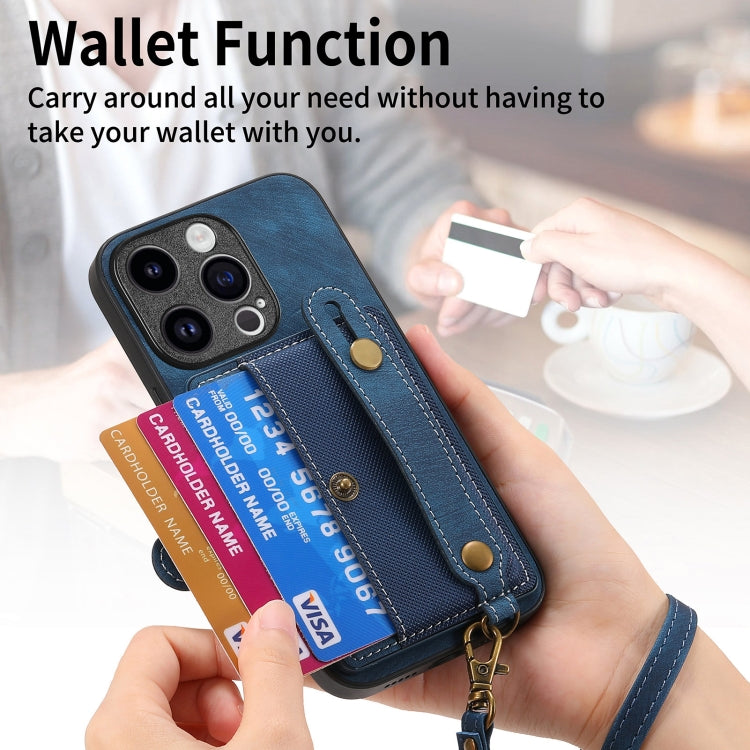 For iPhone 15 Pro Retro Cross Wristband Wallet Leather Back Phone Case(Blue) - HoMEdemic™ 