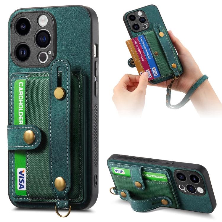 For iPhone 15 Pro Retro Cross Wristband Wallet Leather Back Phone Case(Green) - HoMEdemic™ 