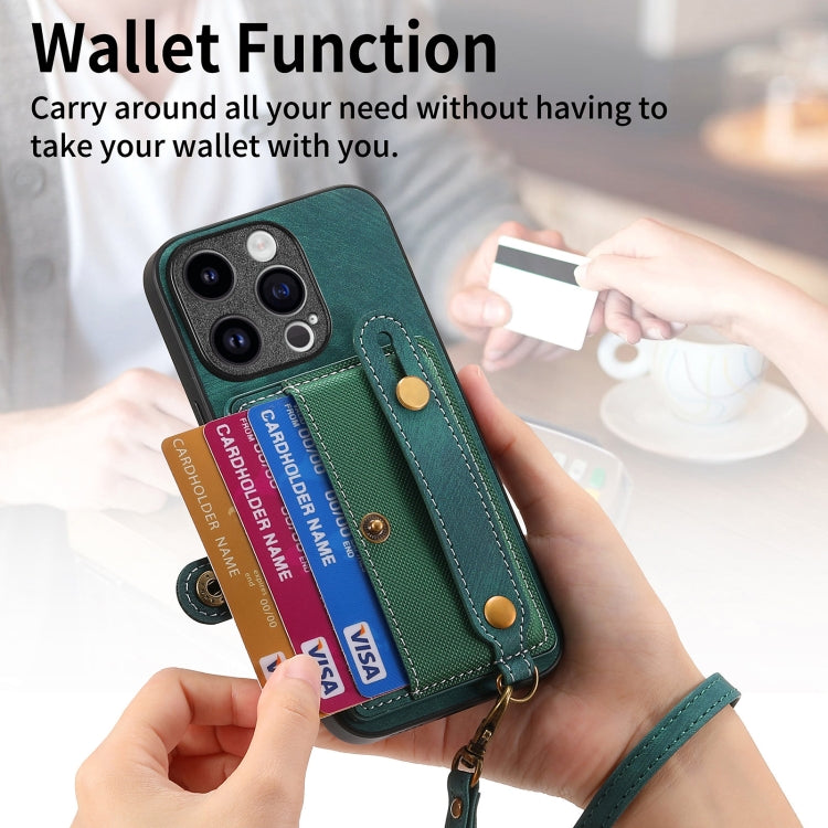 For iPhone 15 Pro Retro Cross Wristband Wallet Leather Back Phone Case(Green) - HoMEdemic™ 