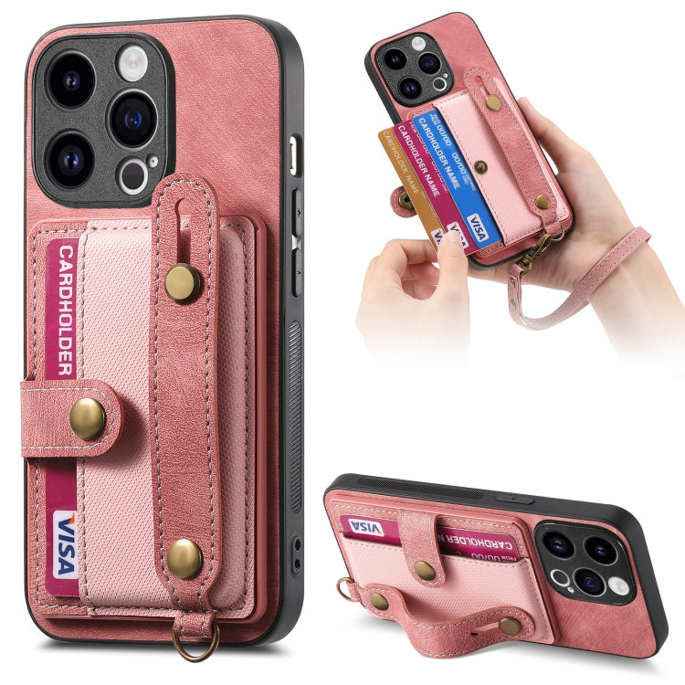 For iPhone 15 Pro Retro Cross Wristband Wallet Leather Back Phone Case(Pink) - HoMEdemic™ 