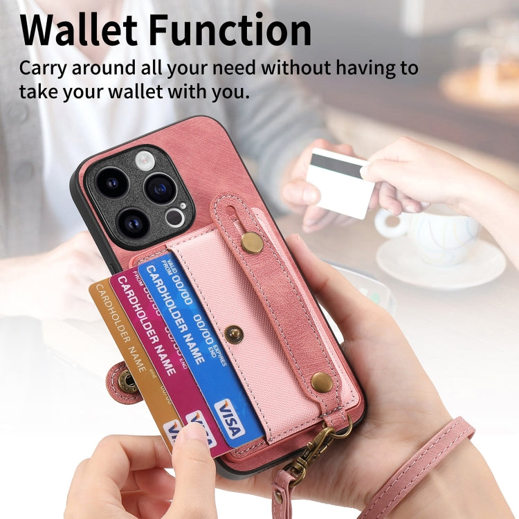 For iPhone 15 Pro Retro Cross Wristband Wallet Leather Back Phone Case(Pink) - HoMEdemic™ 