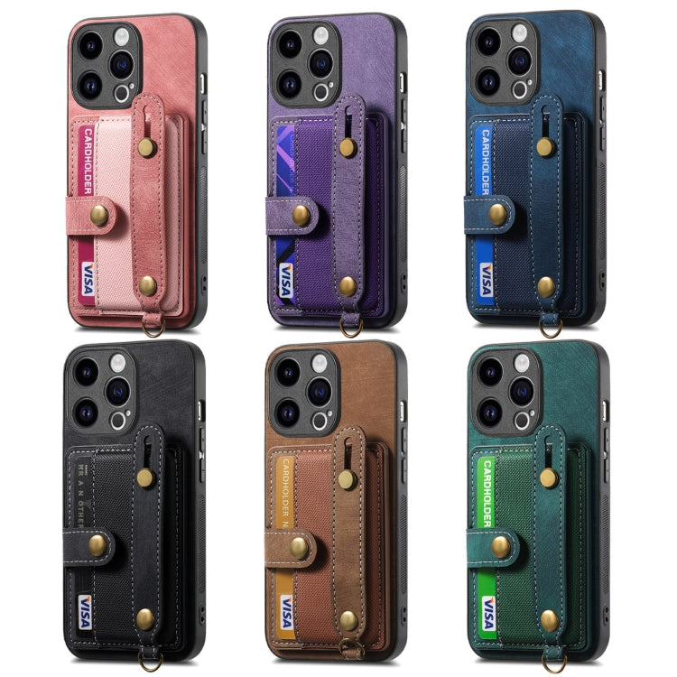 For iPhone 15 Pro Retro Cross Wristband Wallet Leather Back Phone Case(Purple) - HoMEdemic™ 