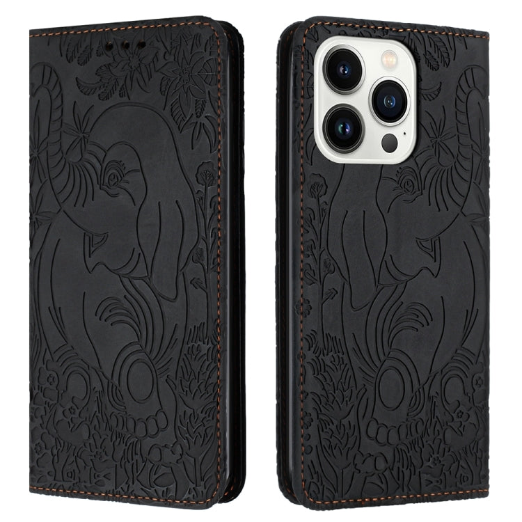 For iPhone 15 Pro Retro Elephant Embossed Leather Phone Case(Black) - HoMEdemic™ 