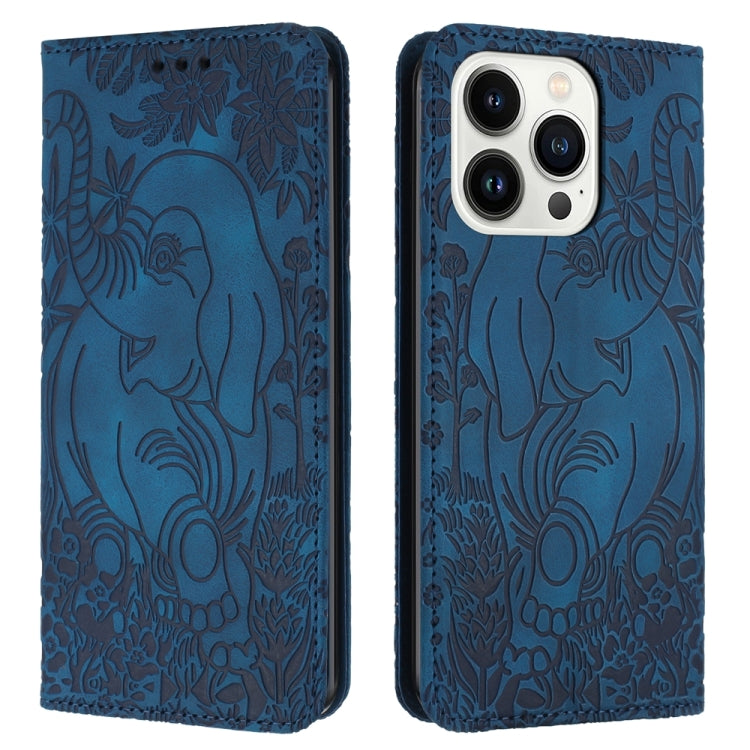 For iPhone 15 Pro Retro Elephant Embossed Leather Phone Case(Blue) - HoMEdemic™ 
