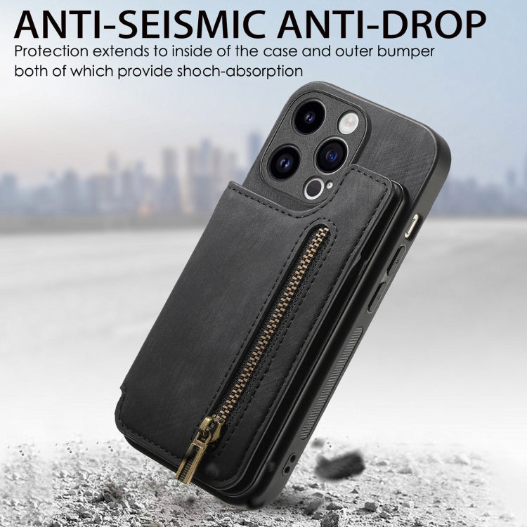 For iPhone 15 Pro Retro Leather Zipper Wallet Back Phone Case(Black) - HoMEdemic™ 