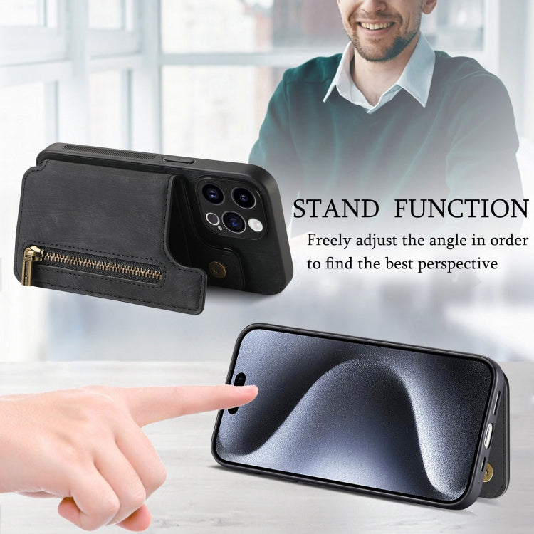 For iPhone 15 Pro Retro Leather Zipper Wallet Back Phone Case(Black) - HoMEdemic™ 