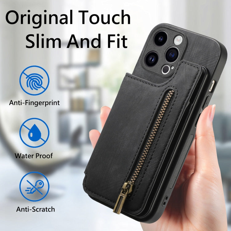 For iPhone 15 Pro Retro Leather Zipper Wallet Back Phone Case(Black) - HoMEdemic™ 