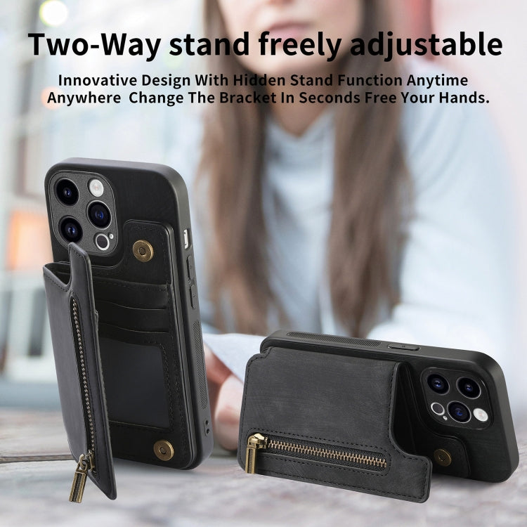 For iPhone 15 Pro Retro Leather Zipper Wallet Back Phone Case(Black) - HoMEdemic™ 