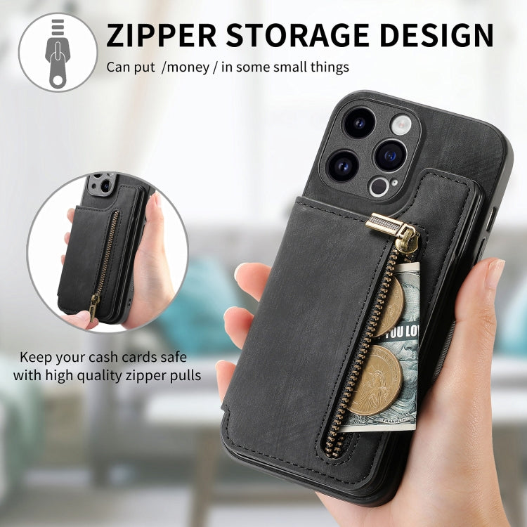 For iPhone 15 Pro Retro Leather Zipper Wallet Back Phone Case(Black) - HoMEdemic™ 