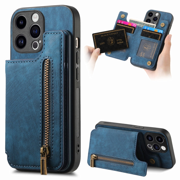 For iPhone 15 Pro Retro Leather Zipper Wallet Back Phone Case(Blue) - HoMEdemic™ 