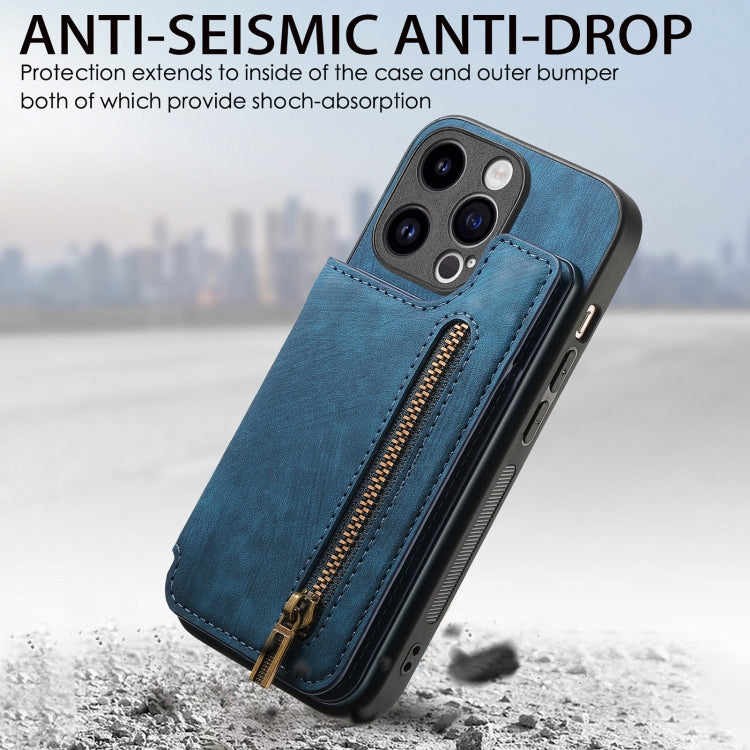 For iPhone 15 Pro Retro Leather Zipper Wallet Back Phone Case(Blue) - HoMEdemic™ 