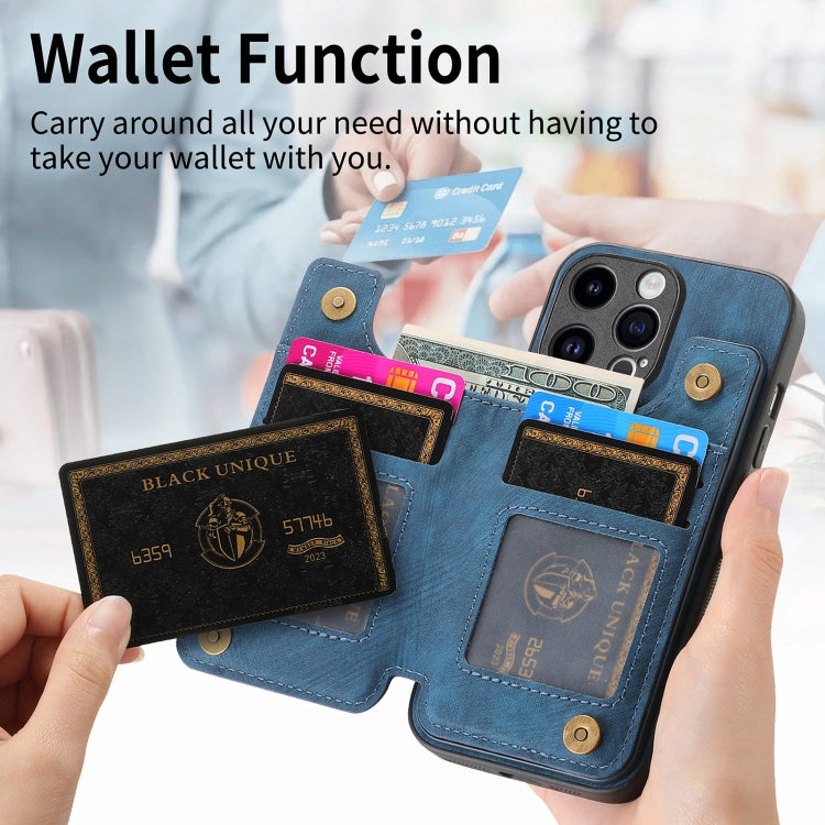 For iPhone 15 Pro Retro Leather Zipper Wallet Back Phone Case(Blue) - HoMEdemic™ 
