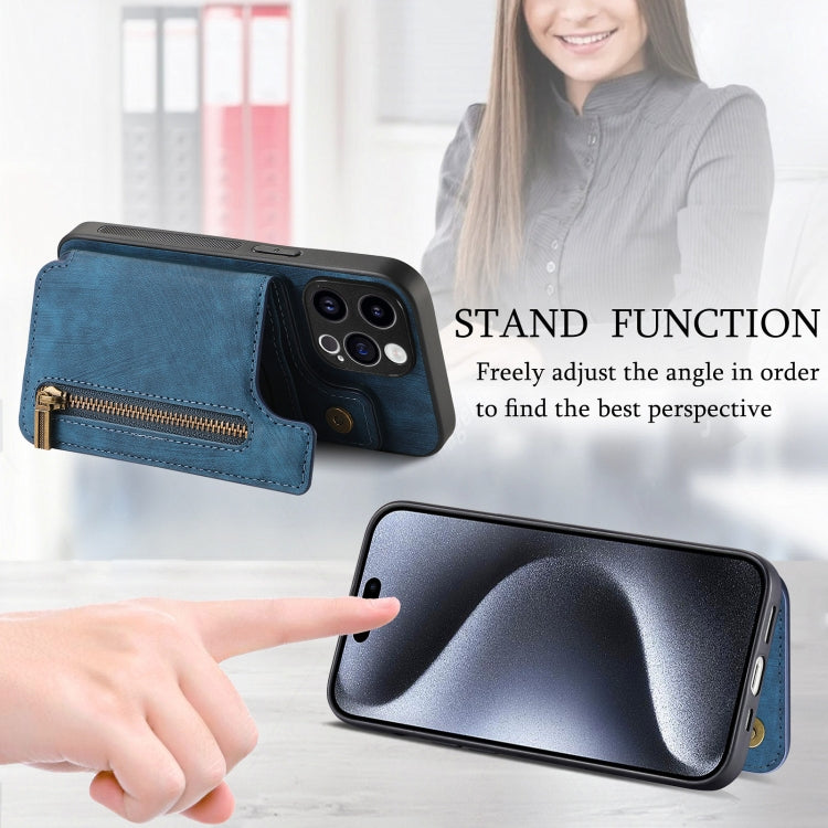 For iPhone 15 Pro Retro Leather Zipper Wallet Back Phone Case(Blue) - HoMEdemic™ 