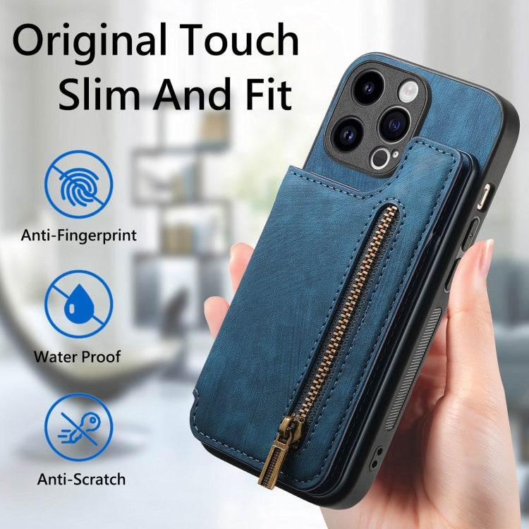 For iPhone 15 Pro Retro Leather Zipper Wallet Back Phone Case(Blue) - HoMEdemic™ 