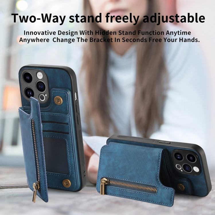 For iPhone 15 Pro Retro Leather Zipper Wallet Back Phone Case(Blue) - HoMEdemic™ 
