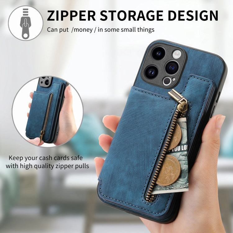 For iPhone 15 Pro Retro Leather Zipper Wallet Back Phone Case(Blue) - HoMEdemic™ 