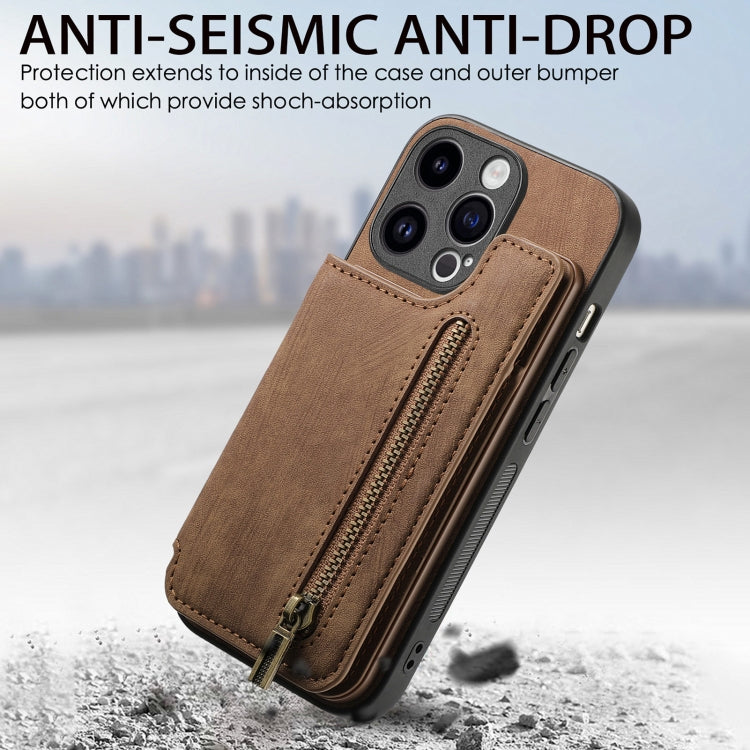 For iPhone 15 Pro Retro Leather Zipper Wallet Back Phone Case(Brown) - HoMEdemic™ 