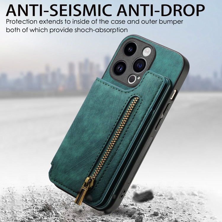 For iPhone 15 Pro Retro Leather Zipper Wallet Back Phone Case(Green) - HoMEdemic™ 