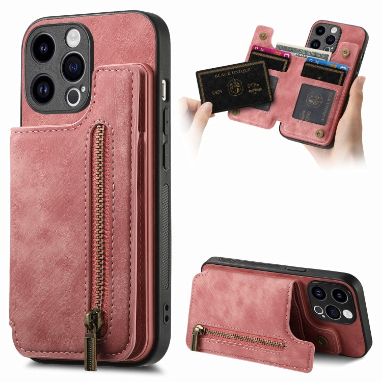 For iPhone 15 Pro Retro Leather Zipper Wallet Back Phone Case(Pink) - HoMEdemic™ 