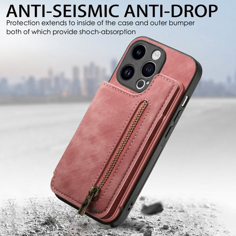 For iPhone 15 Pro Retro Leather Zipper Wallet Back Phone Case(Pink) - HoMEdemic™ 