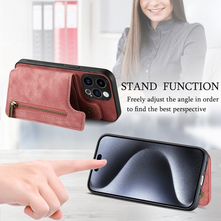 For iPhone 15 Pro Retro Leather Zipper Wallet Back Phone Case(Pink) - HoMEdemic™ 