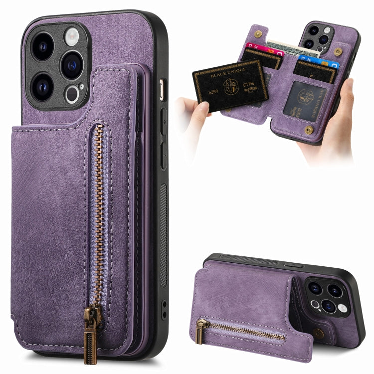 For iPhone 15 Pro Retro Leather Zipper Wallet Back Phone Case(Purple) - HoMEdemic™ 