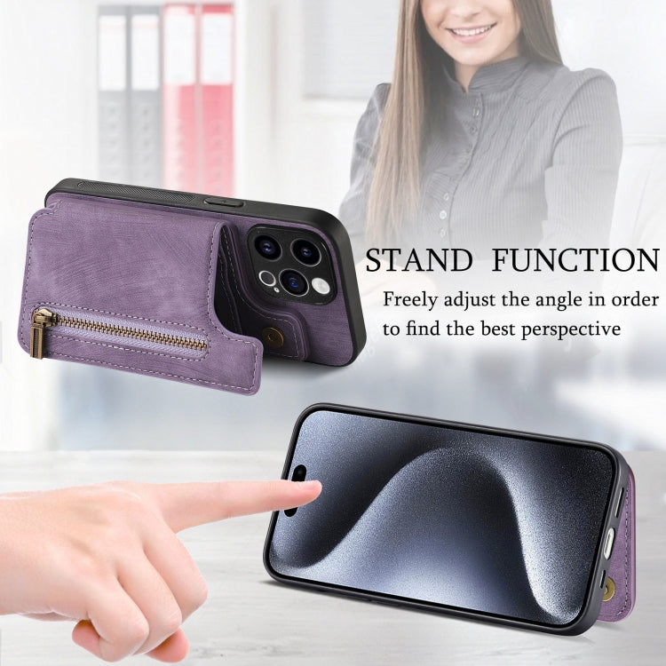 For iPhone 15 Pro Retro Leather Zipper Wallet Back Phone Case(Purple) - HoMEdemic™ 