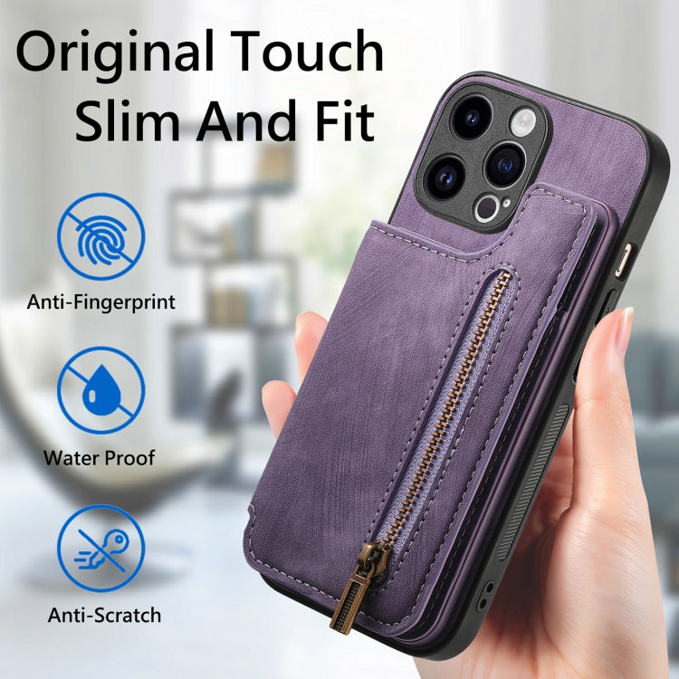 For iPhone 15 Pro Retro Leather Zipper Wallet Back Phone Case(Purple) - HoMEdemic™ 