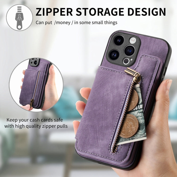 For iPhone 15 Pro Retro Leather Zipper Wallet Back Phone Case(Purple) - HoMEdemic™ 