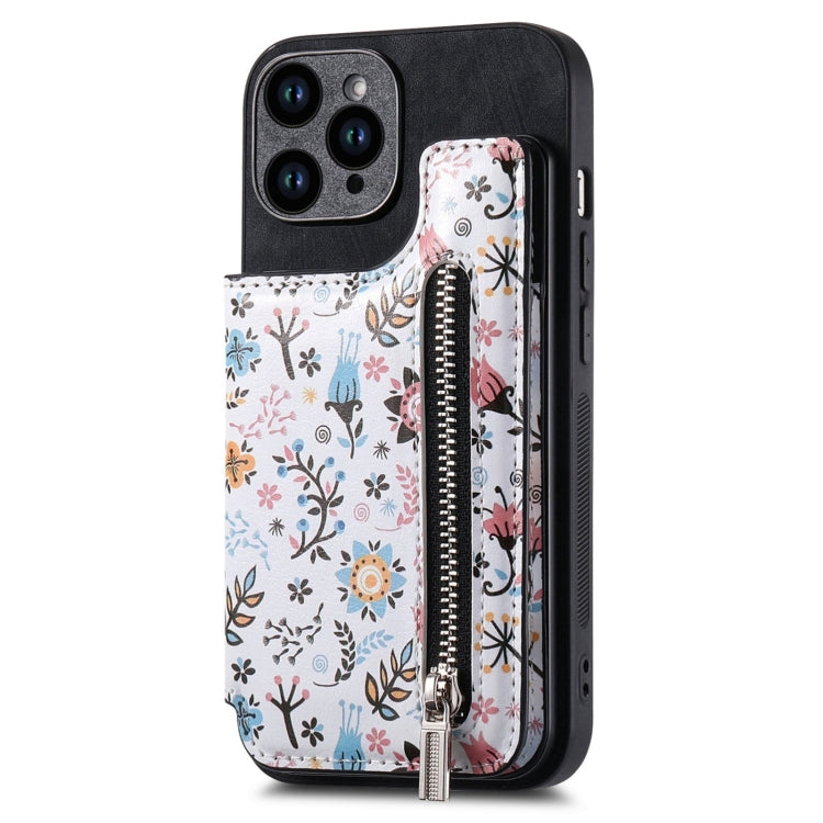 For iPhone 15 Pro Retro Painted Zipper Wallet Back Phone Case(Black) - HoMEdemic™ 