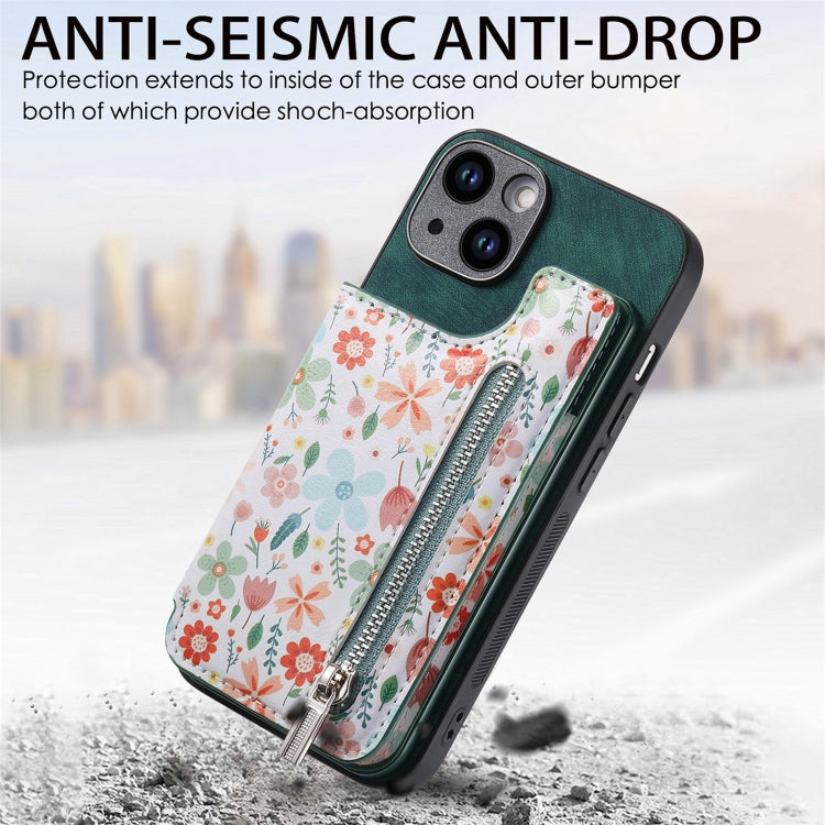 For iPhone 15 Pro Retro Painted Zipper Wallet Back Phone Case(Green) - HoMEdemic™ 