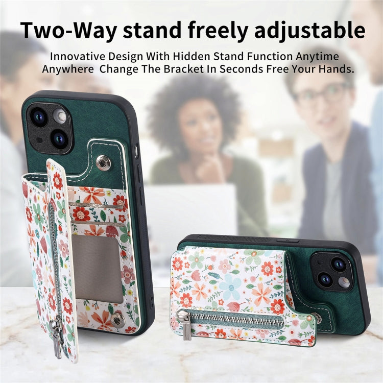 For iPhone 15 Pro Retro Painted Zipper Wallet Back Phone Case(Green) - HoMEdemic™ 