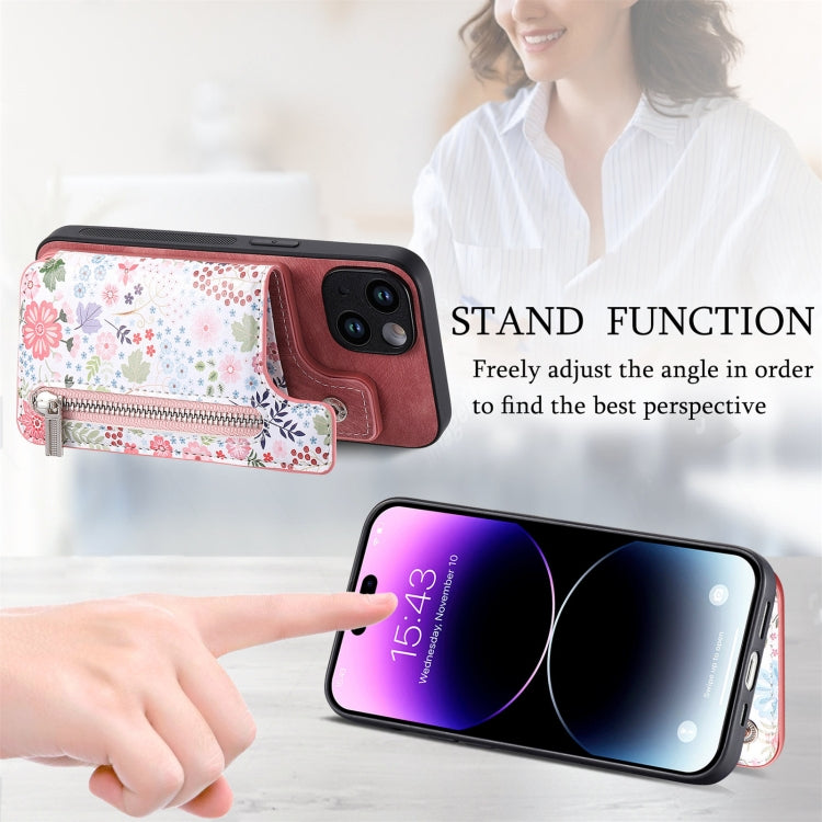 For iPhone 15 Pro Retro Painted Zipper Wallet Back Phone Case(Pink) - HoMEdemic™ 