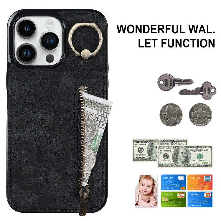 For iPhone 15 Pro Retro Ring and Zipper RFID Card Slot Phone Case(Black) - HoMEdemic™ 