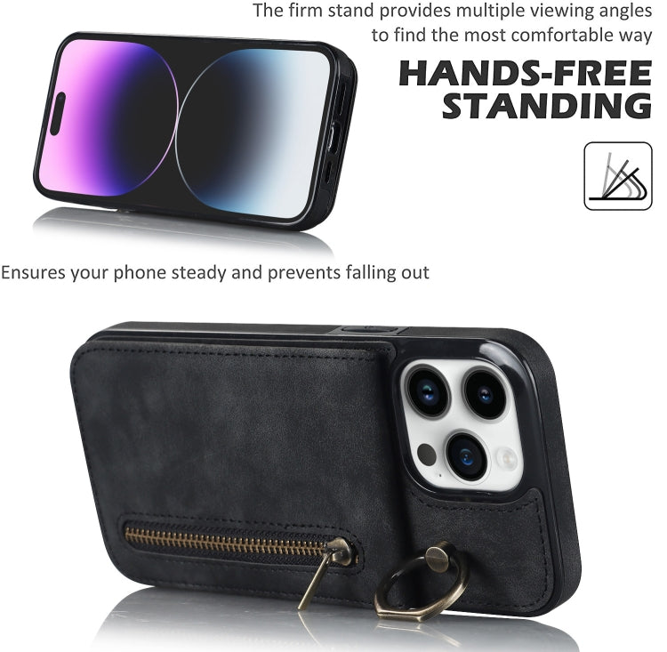 For iPhone 15 Pro Retro Ring and Zipper RFID Card Slot Phone Case(Black) - HoMEdemic™ 