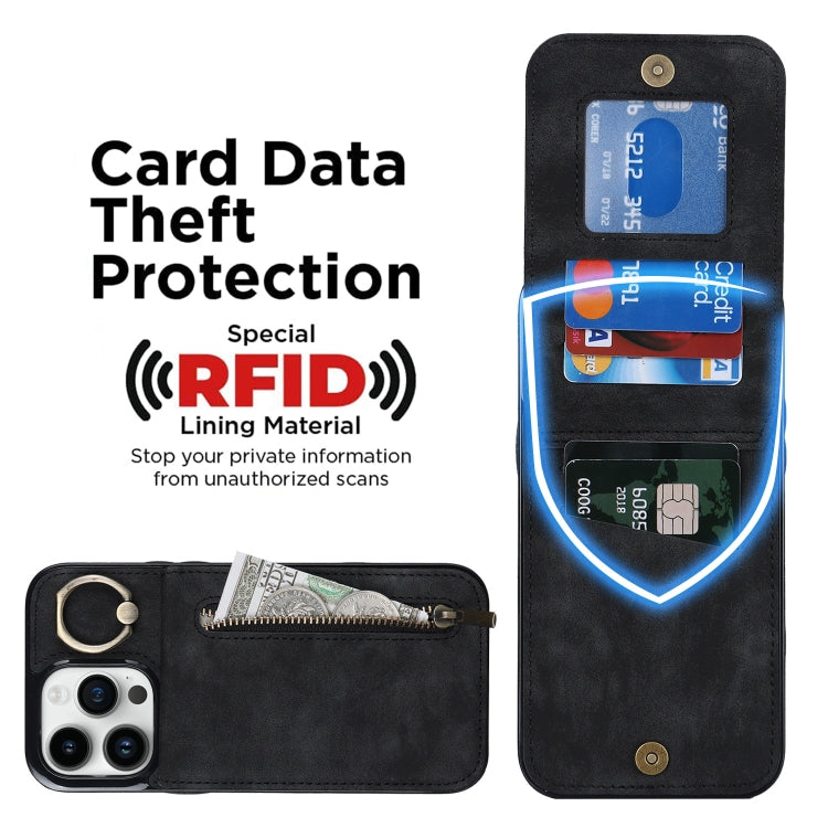 For iPhone 15 Pro Retro Ring and Zipper RFID Card Slot Phone Case(Black) - HoMEdemic™ 
