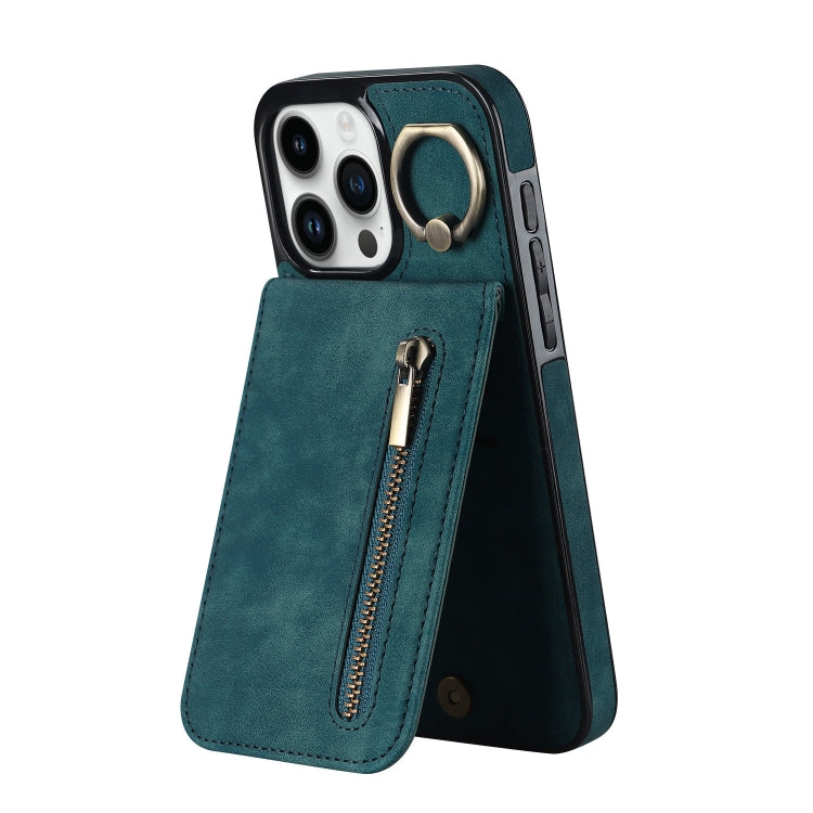 For iPhone 15 Pro Retro Ring and Zipper RFID Card Slot Phone Case(Blue) - HoMEdemic™ 