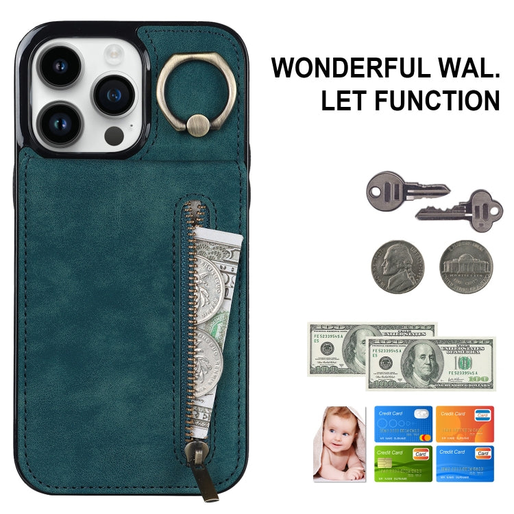 For iPhone 15 Pro Retro Ring and Zipper RFID Card Slot Phone Case(Blue) - HoMEdemic™ 