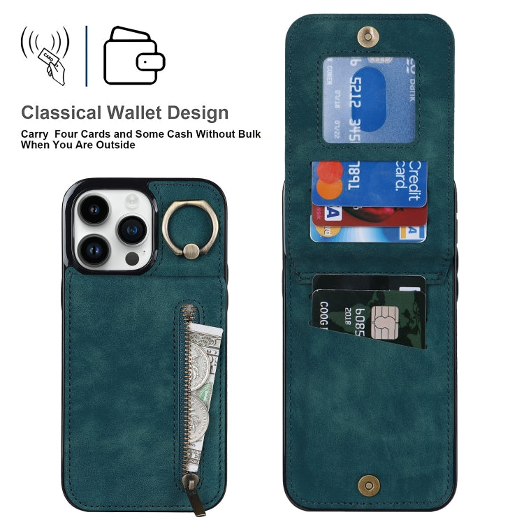 For iPhone 15 Pro Retro Ring and Zipper RFID Card Slot Phone Case(Blue) - HoMEdemic™ 