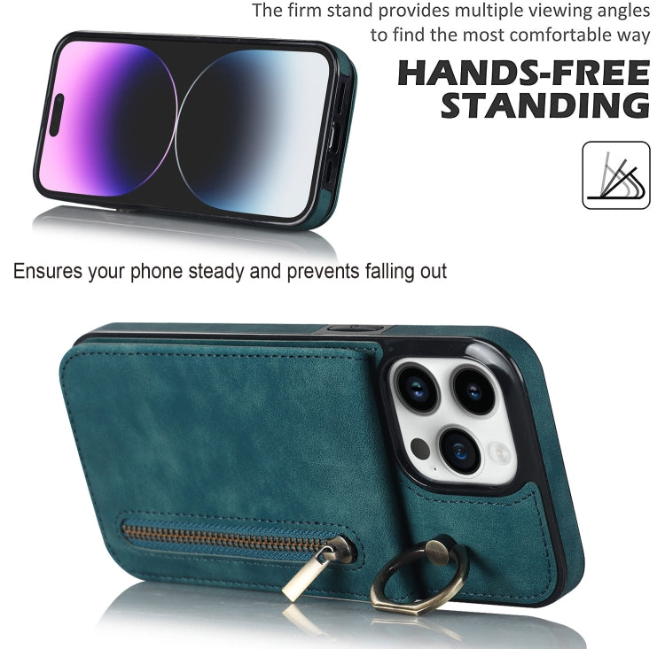 For iPhone 15 Pro Retro Ring and Zipper RFID Card Slot Phone Case(Blue) - HoMEdemic™ 