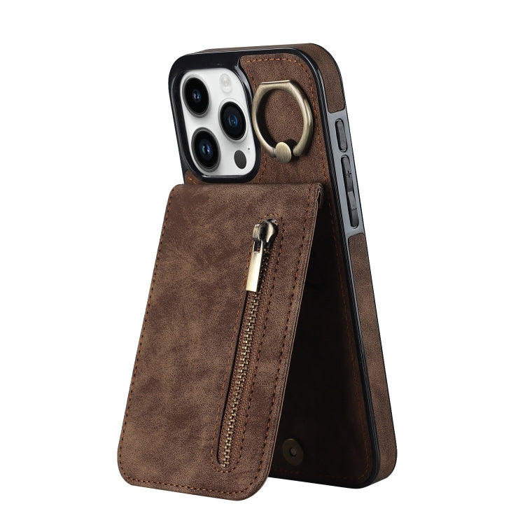 For iPhone 15 Pro Retro Ring and Zipper RFID Card Slot Phone Case(Brown) - HoMEdemic™ 