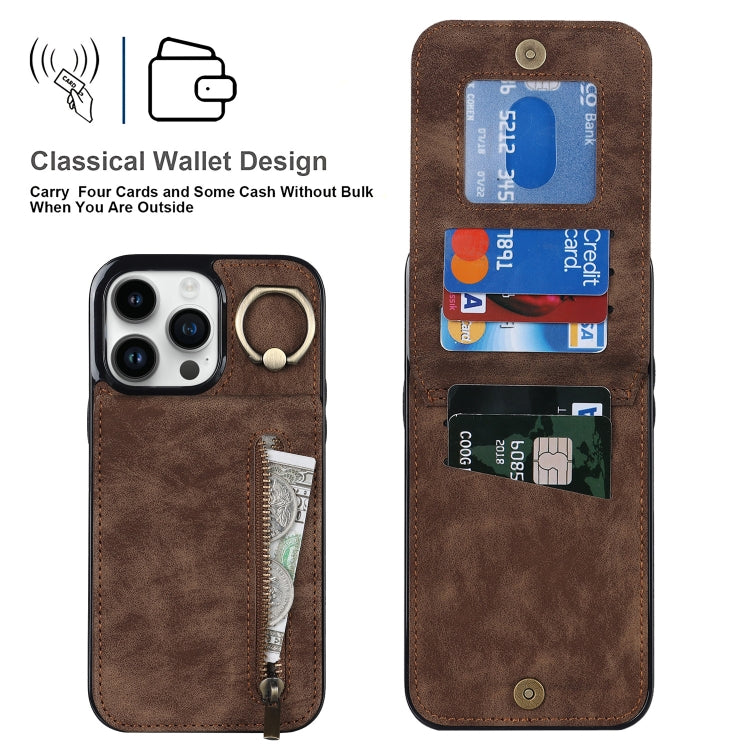 For iPhone 15 Pro Retro Ring and Zipper RFID Card Slot Phone Case(Brown) - HoMEdemic™ 