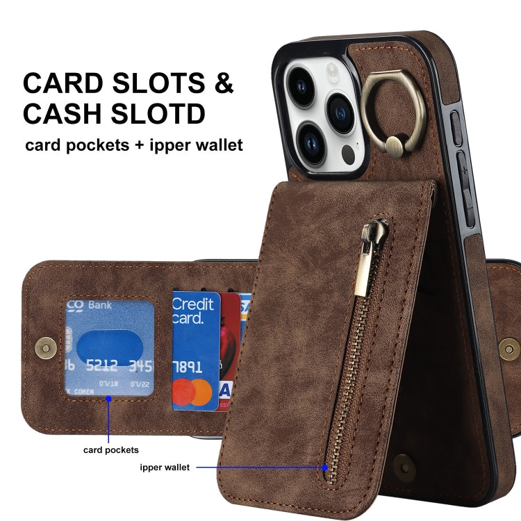 For iPhone 15 Pro Retro Ring and Zipper RFID Card Slot Phone Case(Brown) - HoMEdemic™ 