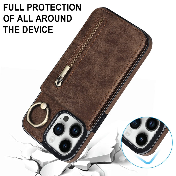 For iPhone 15 Pro Retro Ring and Zipper RFID Card Slot Phone Case(Brown) - HoMEdemic™ 