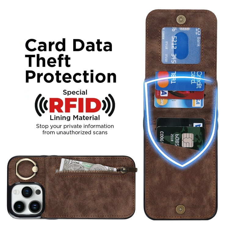 For iPhone 15 Pro Retro Ring and Zipper RFID Card Slot Phone Case(Brown) - HoMEdemic™ 